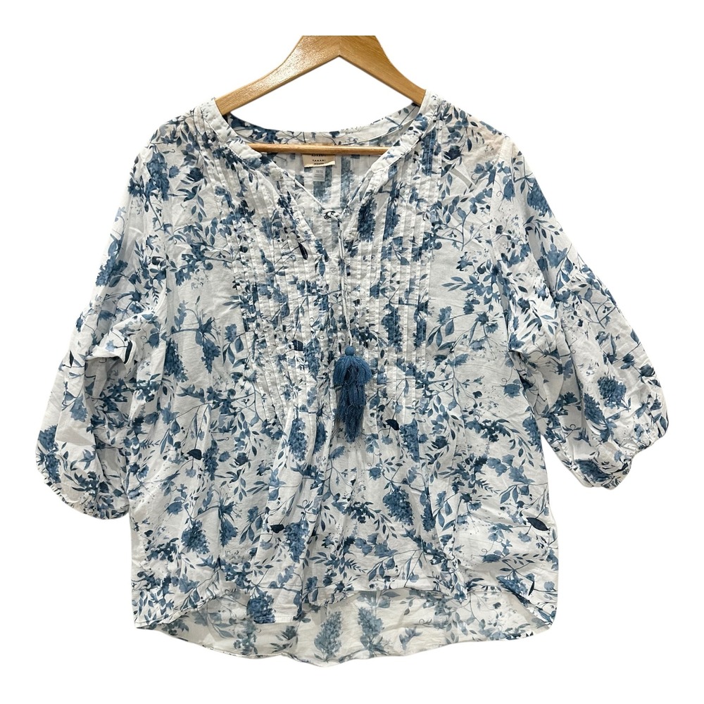 Elie Tahari Blouse Women's 1X Blue White Floral Cotton Pintuck Tassel Boho *spot